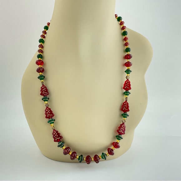 Host Pick! Christmas Tree Necklace & Earrings Set, Handmade, Vintage Glass Beads - Picture 2 of 10